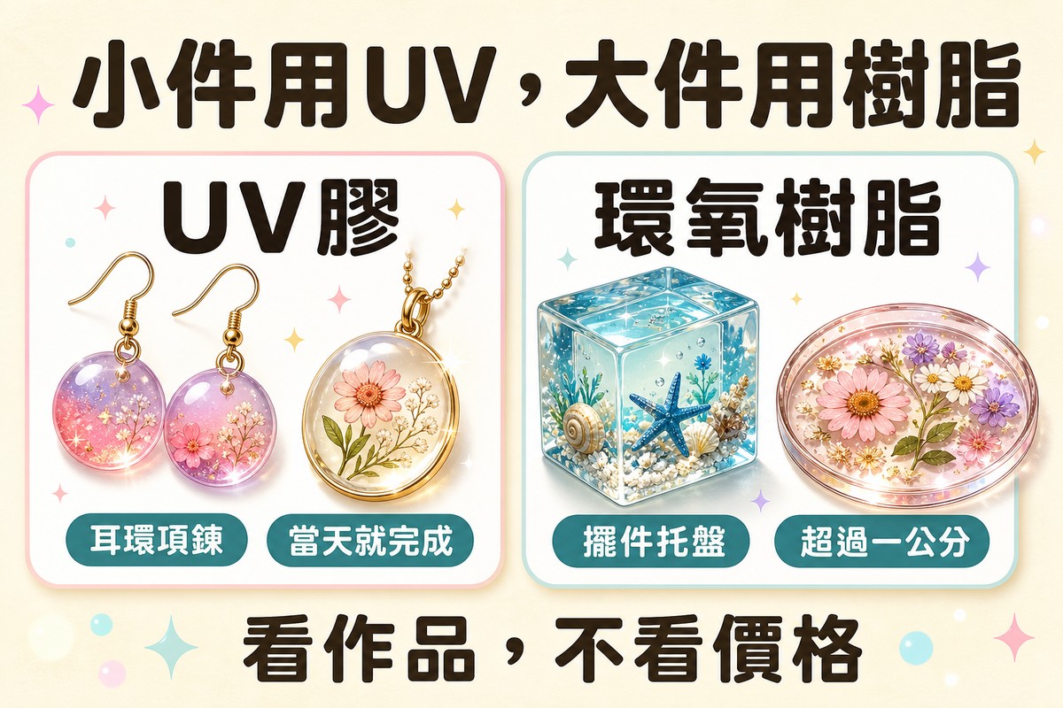 選材對照：小件作品如耳環項鍊適合UV膠、當天可完成；大件作品或超過一公分的厚度適合環氧樹脂