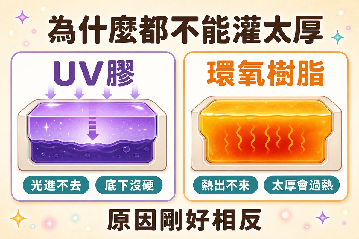 厚度限制成因對照：UV膠是光穿不透導致底層沒硬；環氧樹脂是反應熱散不掉導致太厚會過熱