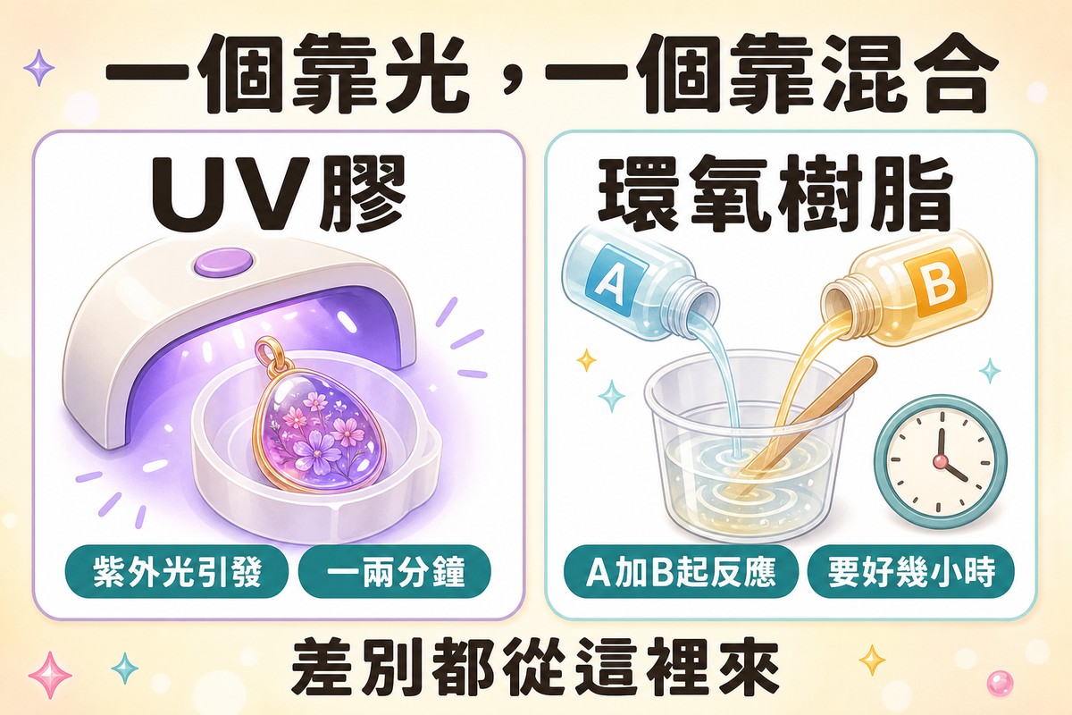 固化原理對照：UV膠靠紫外光引發、約一兩分鐘固化；環氧樹脂靠A劑與B劑混合起化學反應、需要好幾小時