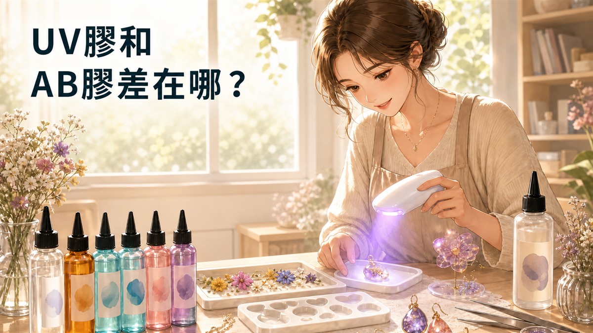 成人以UV燈固化樹脂飾品，桌上有UV膠、乾燥花與矽膠模具